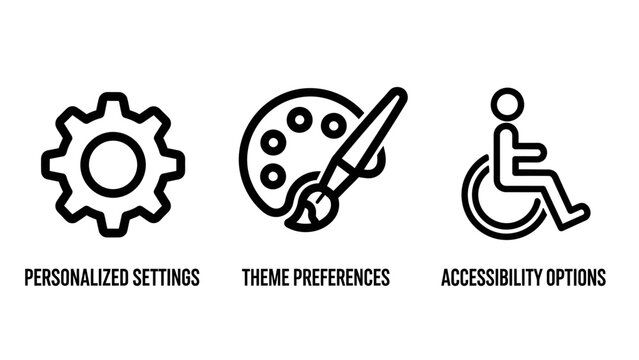 Outline icons for personalized settings, theme preferences, and accessibility options for user interface design elements
