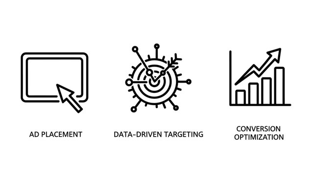Digital marketing and business growth icons - ad placement, data-driven targeting, and conversion optimization, e commerce