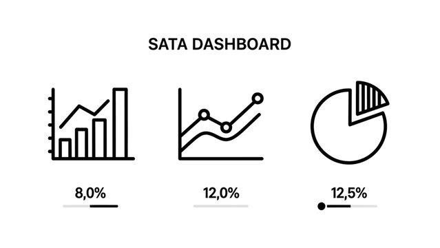 Business data visualization: bar, line, and pie charts with percentages outline icons for reports