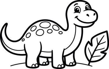 Fototapeta premium Cute smiling dinosaur with large spots standing next to a leafy plant outline black and white vector illustration