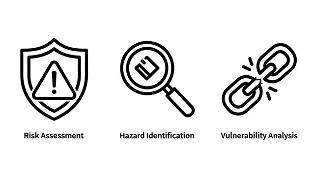 Risk assessment hazard identification and vulnerability analysis icon set for business management and safety security systems