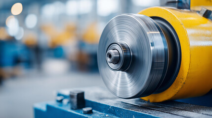 Fototapeta premium Universal tool grinding and sharpening machine close-up — grinding wheel and tool rest visible, workshop lighting, defocused machine shop behind, universal tool grinder,