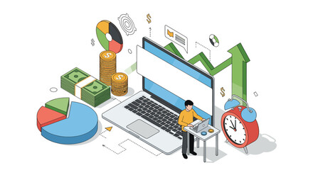 Fototapeta premium Professional businessman works on a laptop to analyze financial growth data represented by colorful charts, stacks of money, and a large clock.