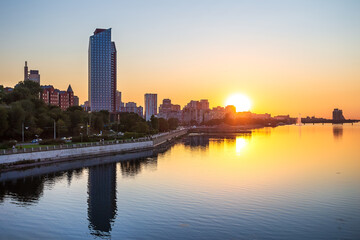 Sicheslavskaya Embankment, evening city of Dnepr, Dnipropetrovsk, Ukraine