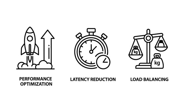 Performance optimization and network latency reduction technology icon set for load balancing