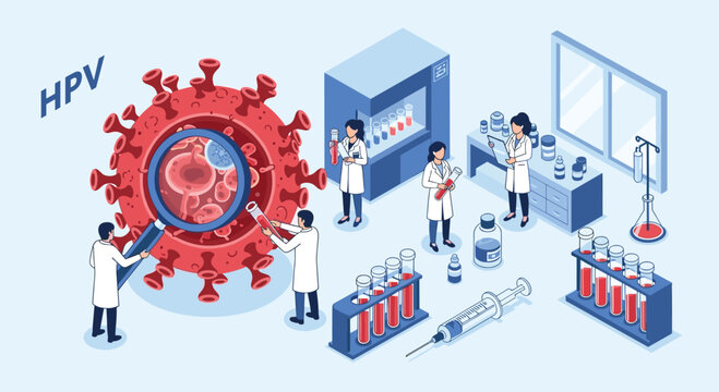 Medical scientists conduct research on the human papillomavirus in a laboratory using a magnifying glass, test tubes, and advanced equipment.