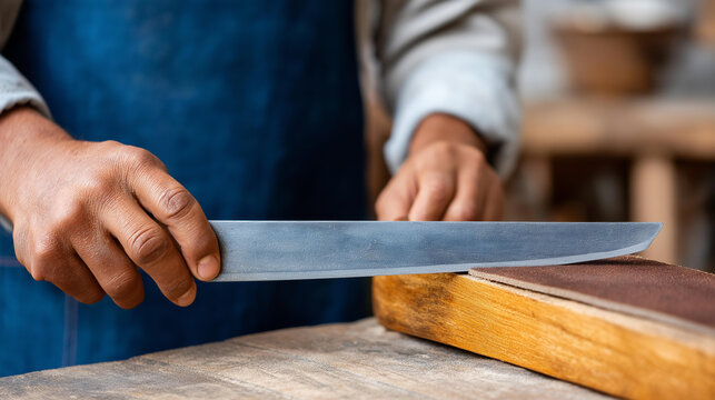 Faceless craftsperson using a leather strop to finish and polish a blade edge after whetstone sharpening, defocused craft workshop, leather strop finishing, blade polishing strop,