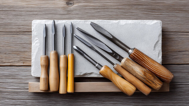 Set of hand wood chisels and a white sharpening stone arranged on a wooden workbench, workshop tools flat lay, wood chisel set, sharpening stone, woodworking hand tools, carpentry