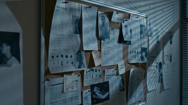 Close up shot of pinboard on wall in police station with suspects profiles and clues, dramatic night scene, background image with no people