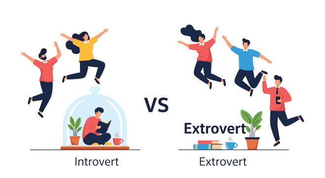 Comparison of introvert and extrovert personalities shows a quiet man reading under a dome while active people socialize and jump with energy.
