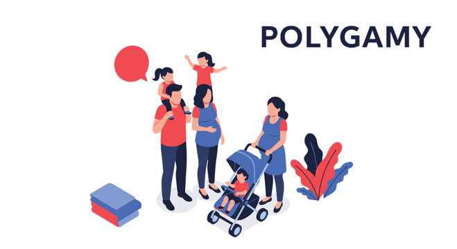Isometric illustration of a polygamous family structure includes a man with multiple pregnant wives and several young children playing together.