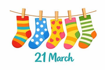 Bright colorful socks hanging on a rope symbolizing World Down Syndrome Day on March 21. Concept of diversity, inclusion and awareness.