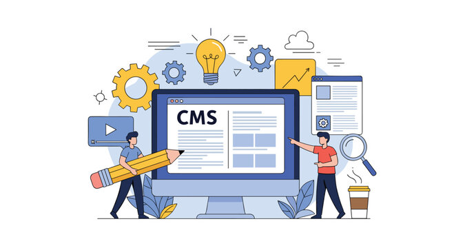 Team of web developers works together around a large computer screen to manage digital content using a content management system or CMS tool.