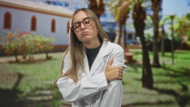 Young woman wearing white coat holding her upper arm and closing her eyes in a sunlit courtyard; discomfort.