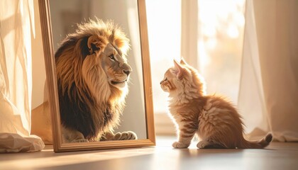 Small ginger kitten sitting on floor looking into mirror and seeing reflection of large male lion with golden mane