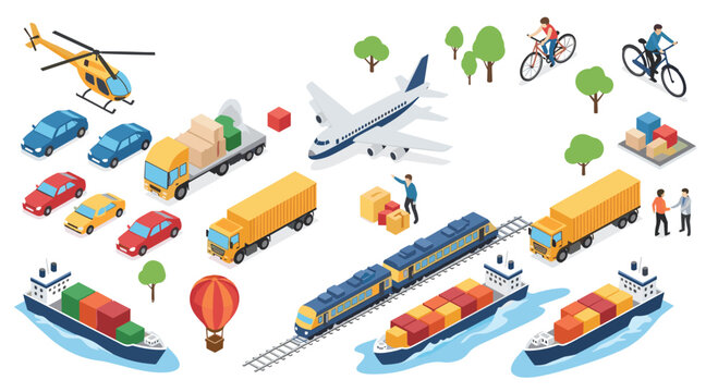 Large collection of transport and logistics elements including plane, train, ships, trucks, and cars for global trade.