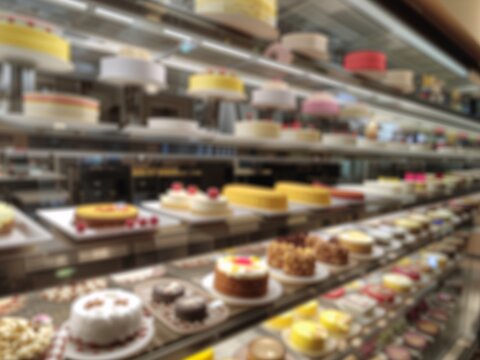 Blurred background of a bakery display case filled with various colorful cakes, pastries, and sweet desserts. Perfect for food and cafe templates.