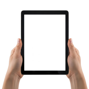 Hands holding a blank tablet isolated on transparent background for mockup