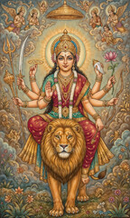 Obraz premium Hindu goddess Durga sitting on a lion with multiple arms holding lotus, bow, sword, trident, and conch