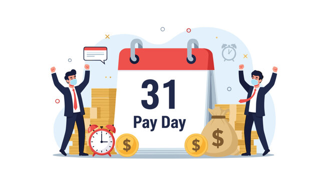 Two happy businessmen celebrating payday in front of a giant calendar showing the thirty-first and stacks of golden money.