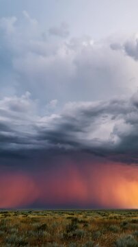 Vertical timelapse of dramatic rain clouds and thunderstorm over steppe landscape at sunset. Dark storm sky with falling rain shafts creating intense weather atmosphere, powerful nature background.