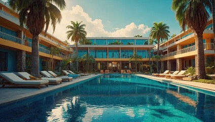 Fototapeta premium Blue water pool at luxury hotel, safe swimming area, relaxing vacation, travel booking, premium holiday destination.