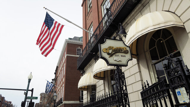 Boston, USA - February 20th 2019: Cheers Beacon Hill is a bar-restaurant. Founded in 1969, the bar is best remembered internationally as the exterior of the bar seen in the hit NBC sitcom Cheers.