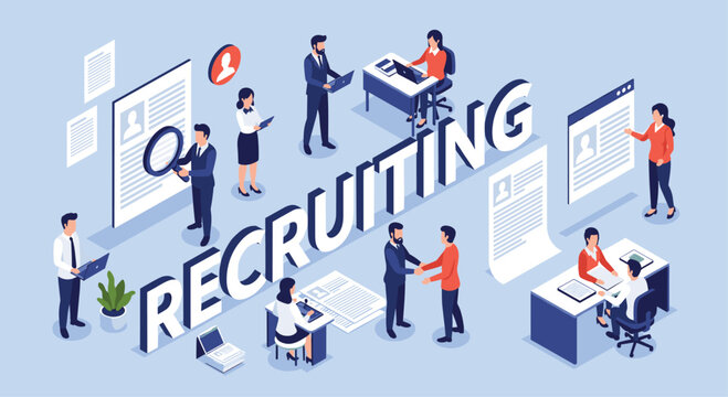 Corporate human resources team searching for candidates and conducting interviews around a large recruiting text sign in isometric perspective.