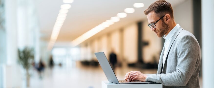 The businessman using a laptop in a modern bright office corridor during workday