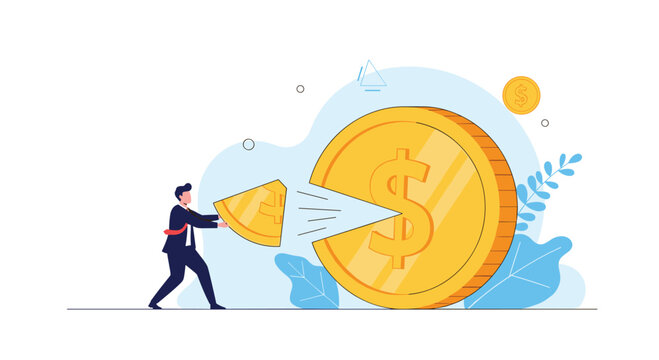 Businessman taking a triangular slice out of a giant golden dollar coin representing profit sharing budget division or financial loss.