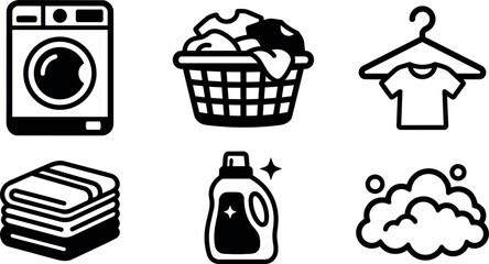 Fototapeta na wymiar Minimalist black laundry icons set washing machine basket shirt on hanger folded towels detergent bottle and soap foam vector art