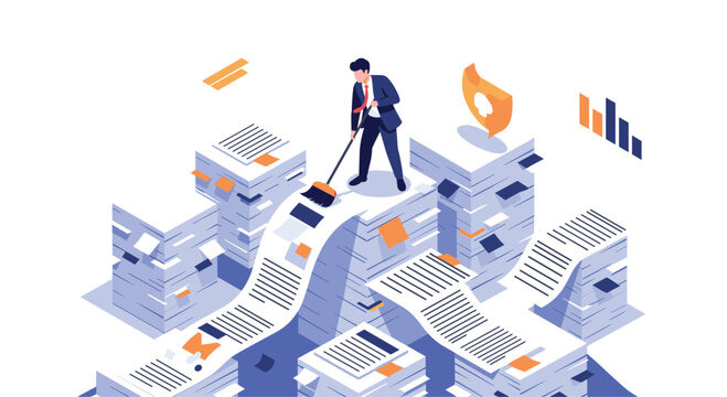 Stressed businessman using broom to clean up massive piles of paperwork and documents representing office organization and productivity.