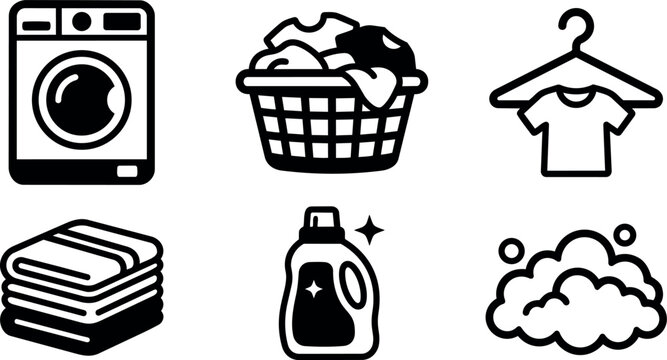 Minimalist black laundry icons set washing machine basket shirt on hanger folded towels detergent bottle and soap foam vector art