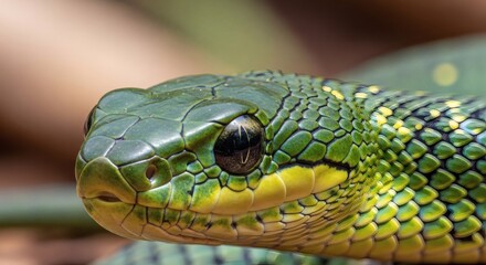 Fototapeta premium A close-up photograph of a green snake with yellow markings