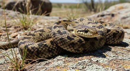 Fototapeta premium A venomous snake coiled on a rocky terrain with sparse vegetation in a natural landscape.