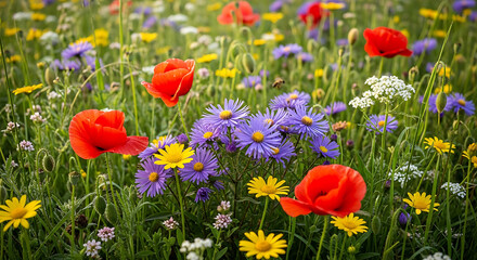 Fototapeta premium Vibrant wildflower meadow with poppies cornflowers and daisies on transparent background