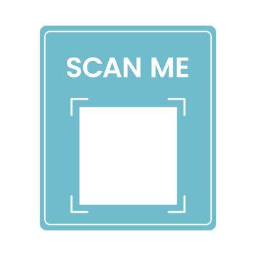 QR code placeholder frame with scan me message. Minimal blue vector template for inserting QR code in mobile apps, packaging and marketing materials
