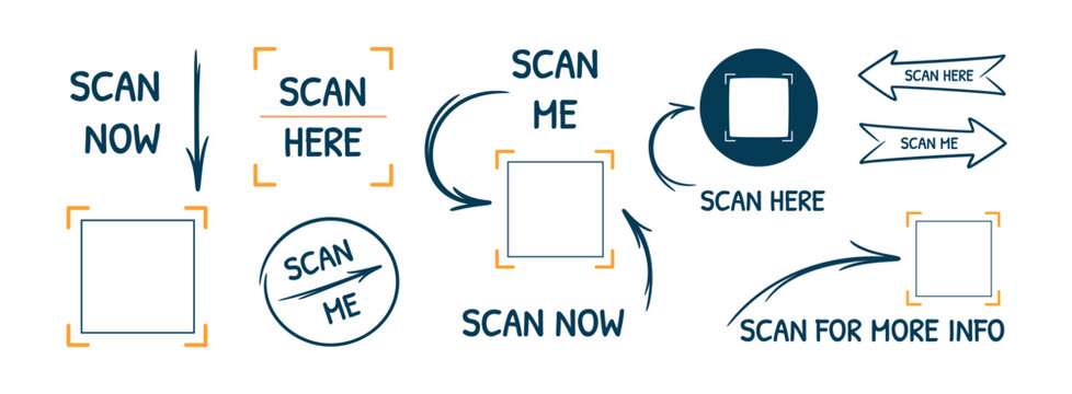 QR scan call-to-action elements set. Scan now, scan here and scan me labels with arrows and QR code frames. Modern minimal vector templates for mobile apps and websites