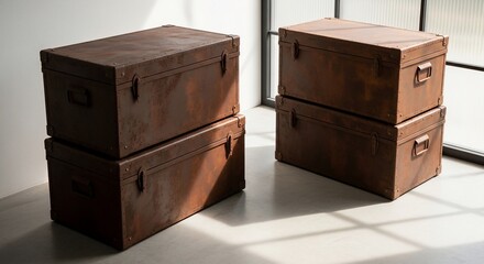 Stacked Brown Metal Trunks by Window Light, Interior Decor, Storage Solutions