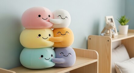 Stacked Plushies: Colorful Smiling Toys on Wooden Shelf in Pastel Room, Cute Kawaii Style