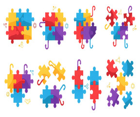 Naklejka premium Puzzle pieces with hooks and icons set