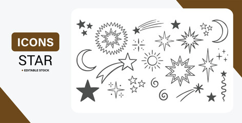 Star sticker icon set with hand drawn sketch line, crayon brush texture and cute sparkle magic elements vector. © Kingko