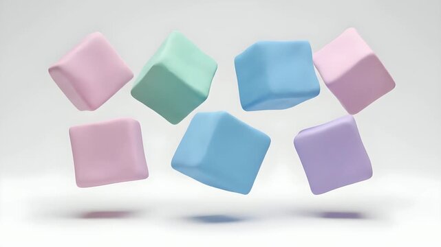 Footage of colorful cubes floating in air, cinematic shot with soft lighting