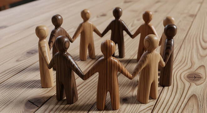 Wooden figures holding hands in a circle representing unity on transparent background