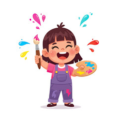 Fototapeta premium Joyful happy little girl painting with a brush and palette, enjoying creative fun and artistic expression