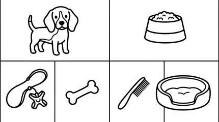 Fototapeta premium Simple black and white line art dog with bowl leash bone comb and dog bed icons set vector illustration style