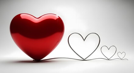 A large red heart with two smaller wire hearts on a white background