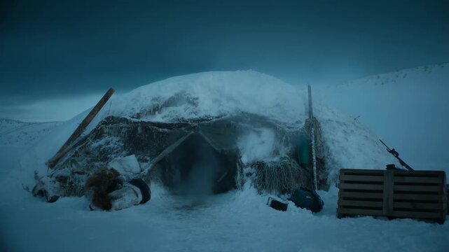 Snow shelter winter with wooden pallets and branches covered in snow featuring igloo, quinzhee, cold weather with snowy landscape and frozen