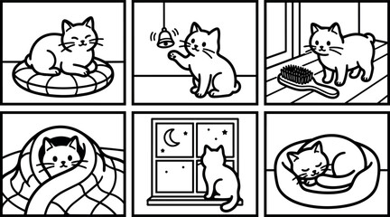 Fototapeta premium Black and white line art six panel comic showing playful and resting cat with bell brush window blanket bed illustrations