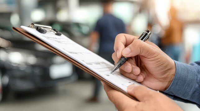 Person records data on a clipboard while standing in an automotive service area